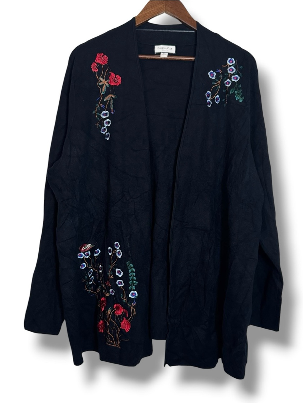 Charter Club Black Floral Embroidered Open Cardigan Sweater Women’s 3XL Longline